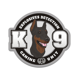 Black Tan Doberman K9 Explosives Detection K-9 Dog Sticker Decal Rotten Remains