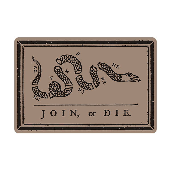 Join or Die Snake Black Desert Tan Benjamin Franklin Sticker Decal Rotten Remains