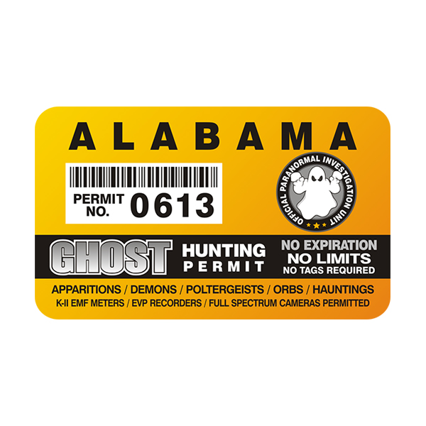 Alabama Ghost Hunting Permit  Sticker Decal Rotten Remains