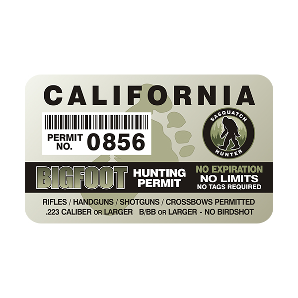 California Bigfoot Sasquatch Hunting Permit  Sticker Decal Rotten Remains