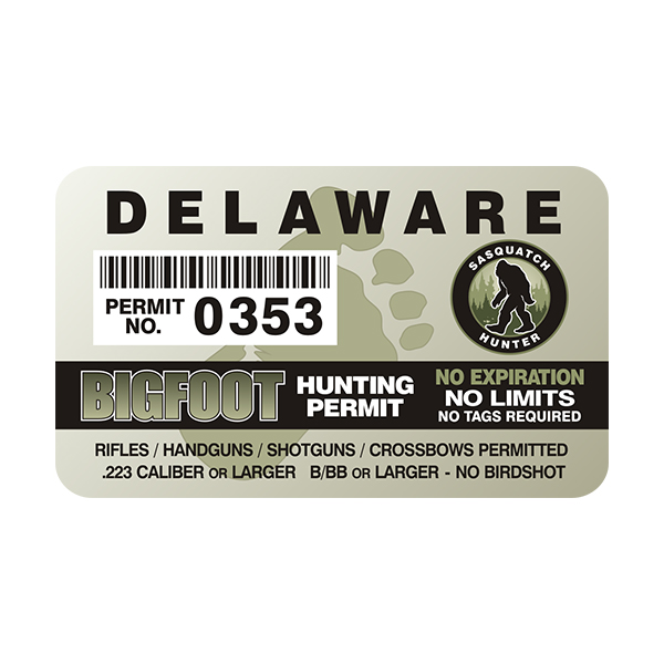 Delaware Bigfoot Sasquatch Hunting Permit  Sticker Decal Rotten Remains