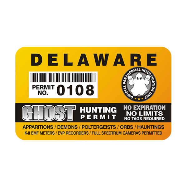 Delaware Ghost Hunting Permit  Sticker Decal Rotten Remains