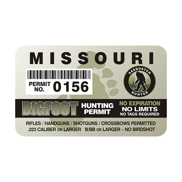Missouri Bigfoot Sasquatch Hunting Permit  Sticker Decal Rotten Remains