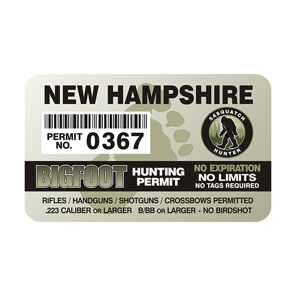New Hampshire Bigfoot Sasquatch Hunting Permit  Sticker Decal Rotten Remains