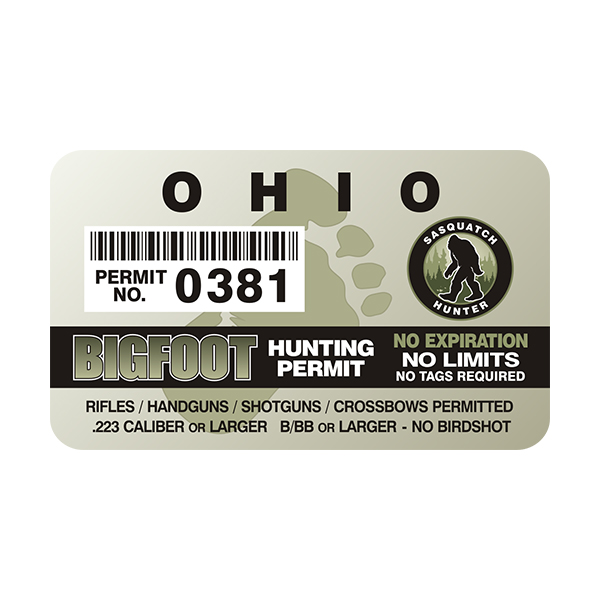 Ohio Bigfoot Sasquatch Hunting Permit  Sticker Decal Rotten Remains