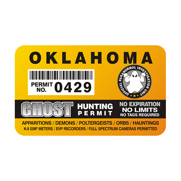 Oklahoma Ghost Hunting Permit  Sticker Decal Rotten Remains