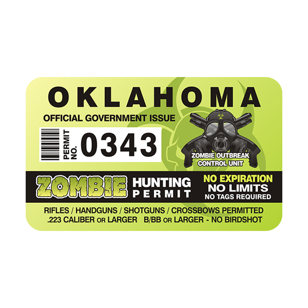 Zombie Oklahoma State Hunting Permit Sticker Decal Vinyl OK 