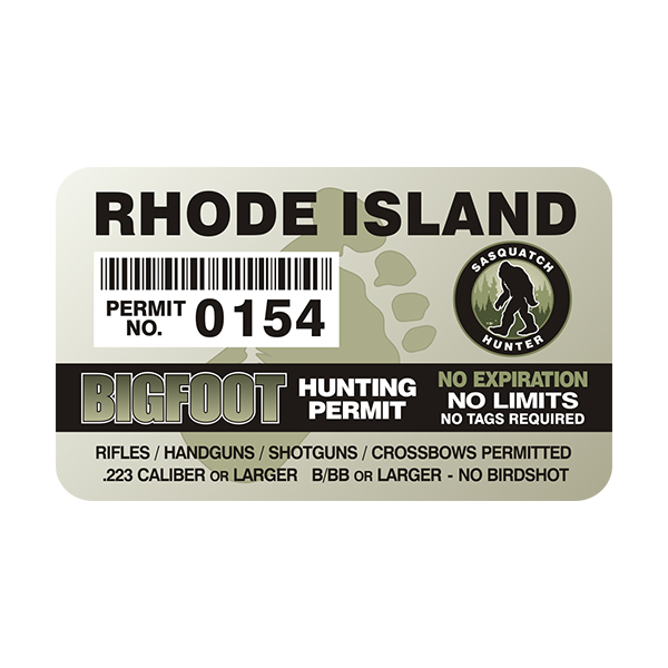 Rhode Island Bigfoot Sasquatch Hunting Permit  Sticker Decal Rotten Remains