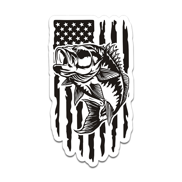 American Flag Bass Fishing, Vinyl Decal Sticker, Indoor Outdoor, 3 Sizes,  #8076